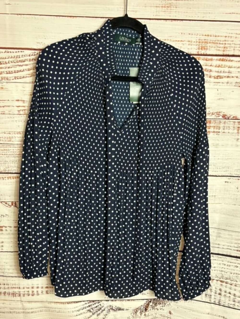 NWT Lauren Ralph Lauren long sleeved navy with white dots women’s blouse size XL